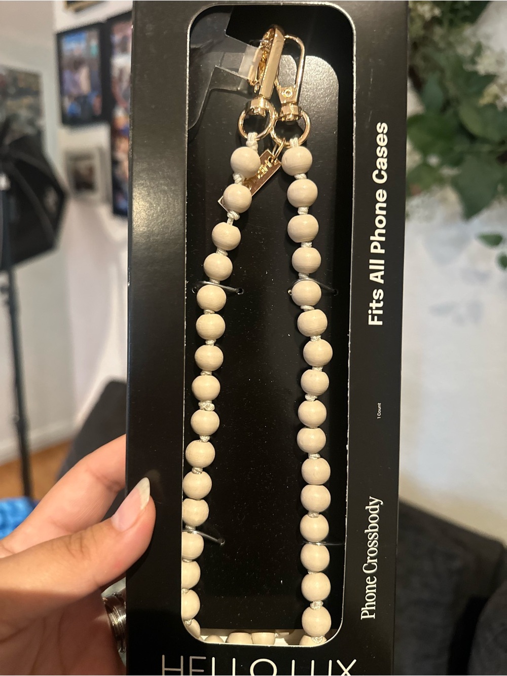 Cream Beaded Phone Crossbody Strap with Gold Hardware